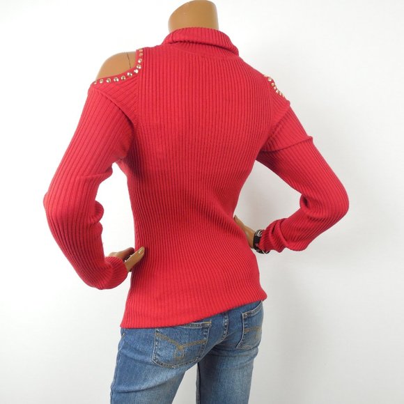 XOXO Red Sweater XL Cold Shoulder Gold Studs Stretch Ribbed Knit Casual Party - Picture 8 of 10